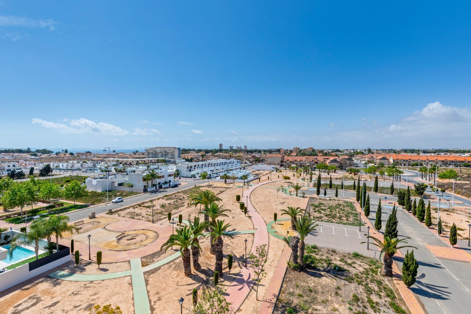 Der Park und das Viertel von der Dachterrasse aus gesehen