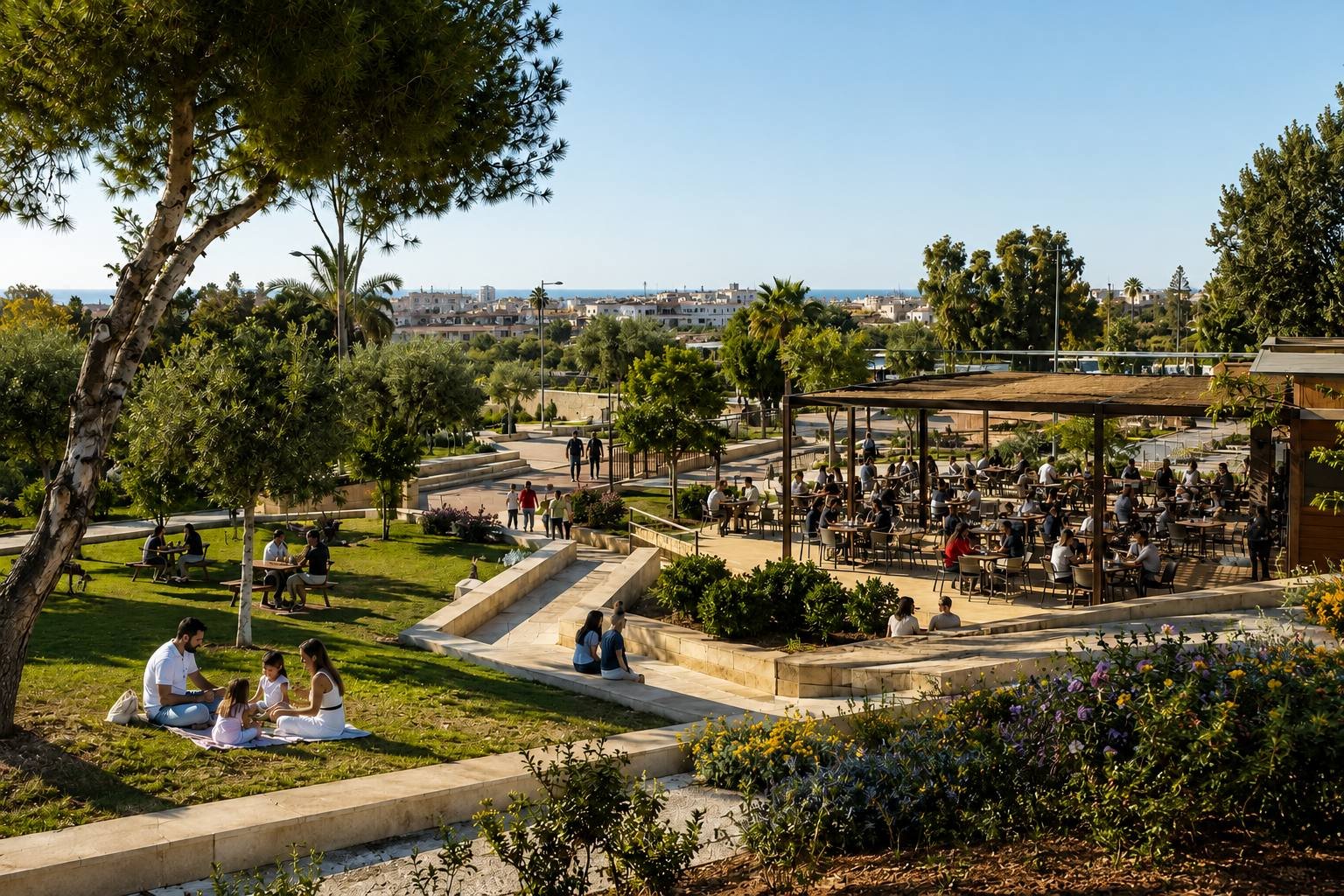 Darstellung der Gastronomiezone mit Terrasse, Picknickwiesen und Meerblick im neuen Stadtpark von Torrevieja
