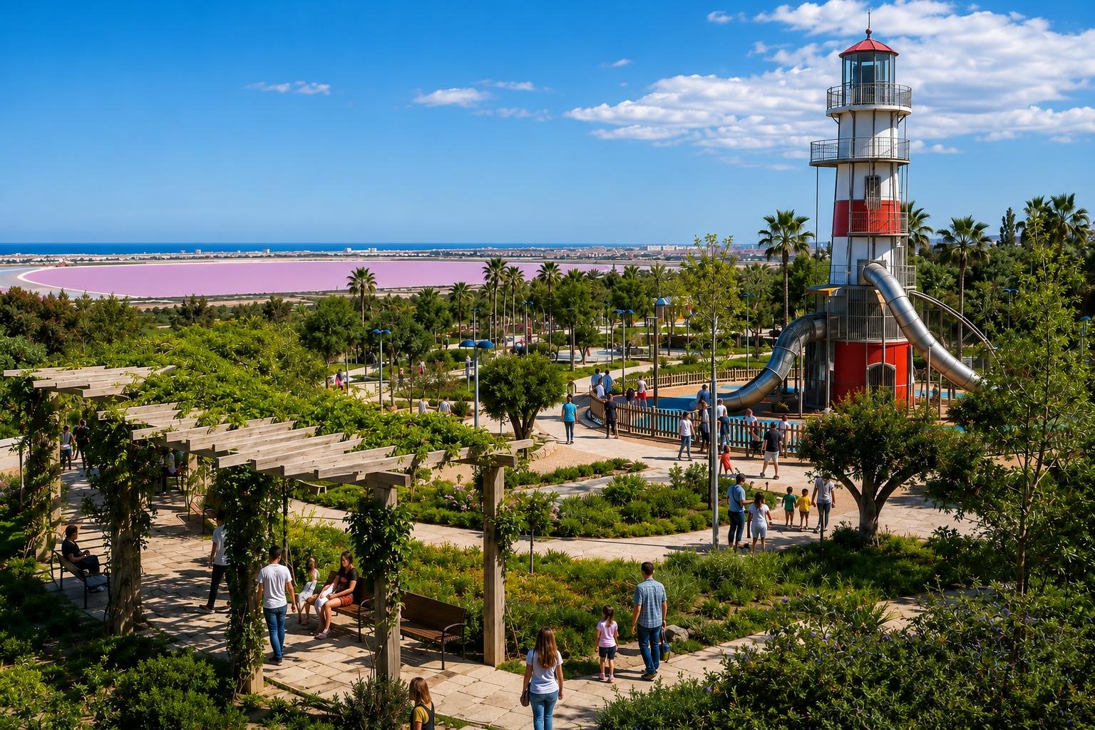 Darstellung des Aussichtspunkts mit Panorama &uuml;ber die rosa Lagune von Torrevieja und das Mittelmeer