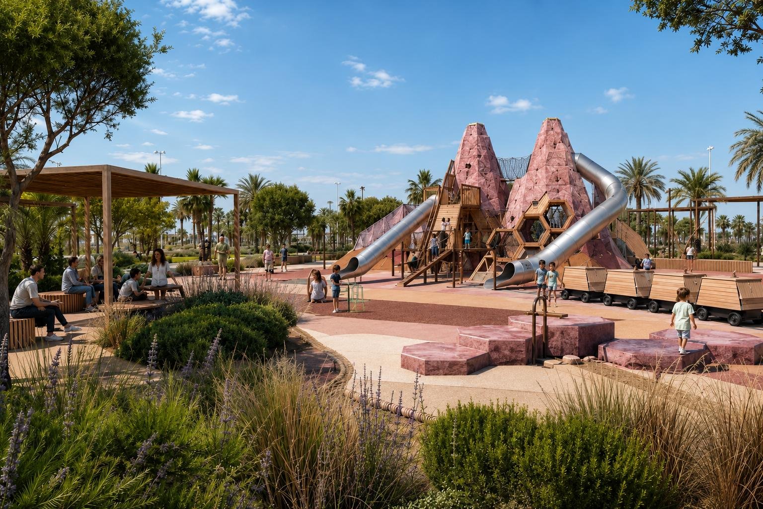 Darstellung des Spielbereichs Laguna Rosa mit rosa Salzbergen, Rutschen und Loren im neuen Park in Torrevieja