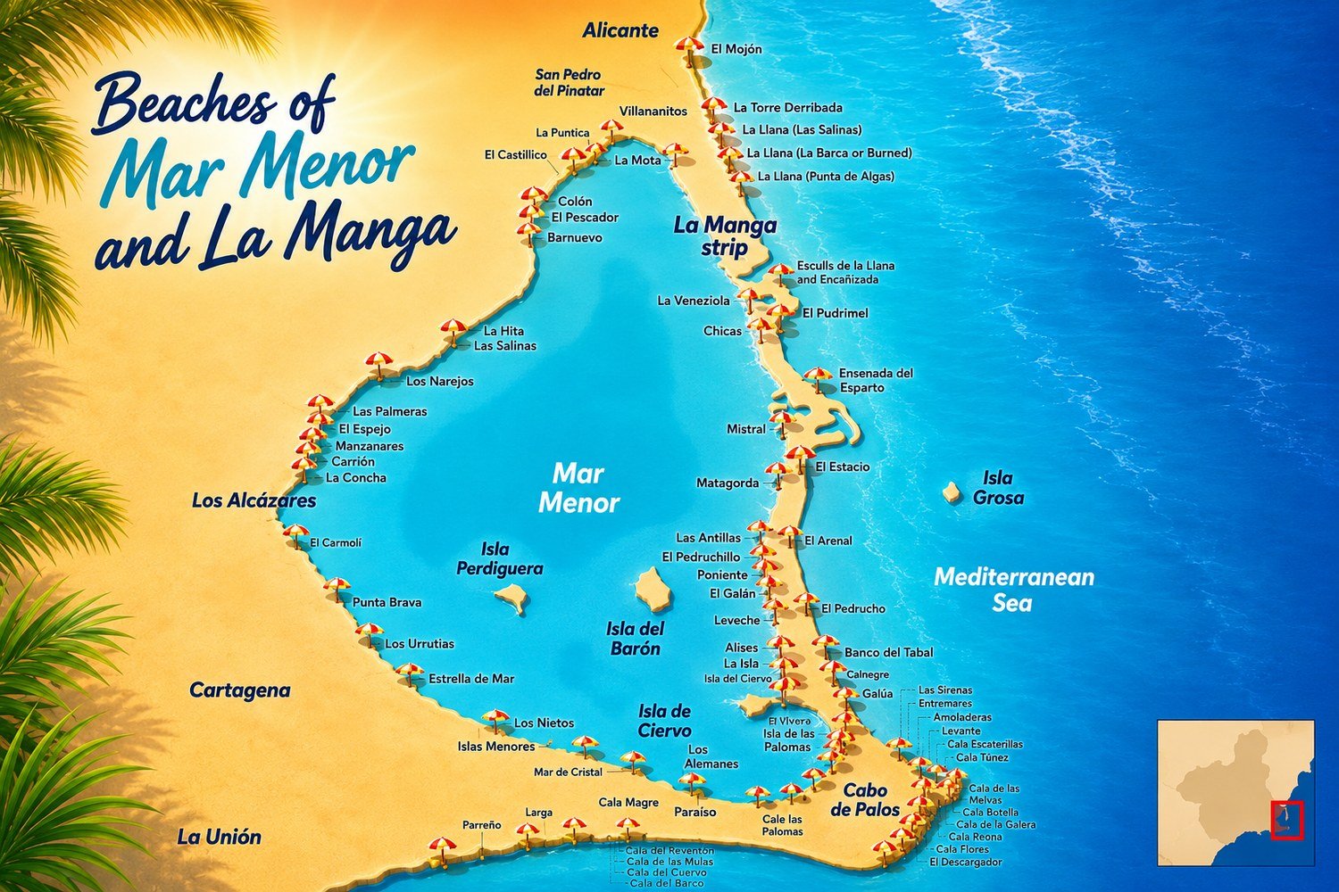 Map of the beaches of the Mar Menor and La Manga, Costa Cálida, Murcia Region