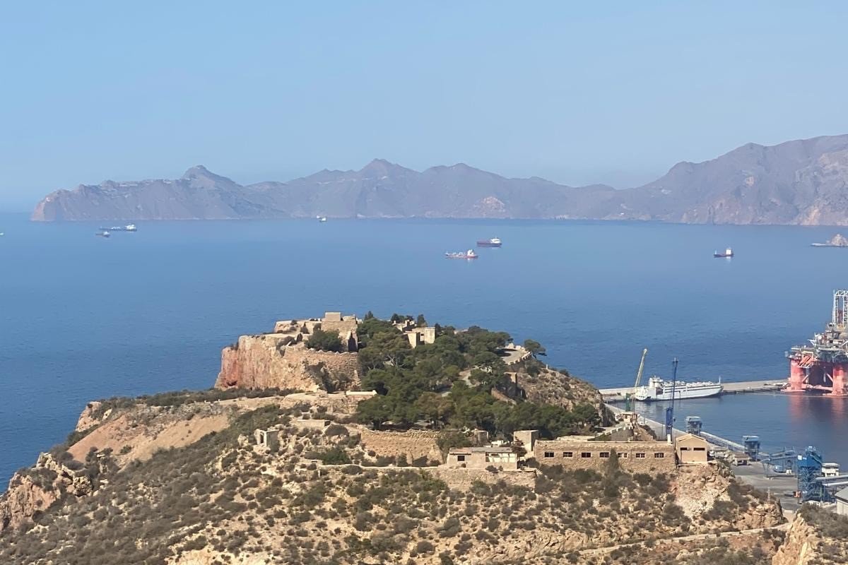 The Bater&iacute;a de Aguilones on its hill above the port of Escombreras, with the Mediterranean and the Cabo Ti&ntilde;oso coast behind