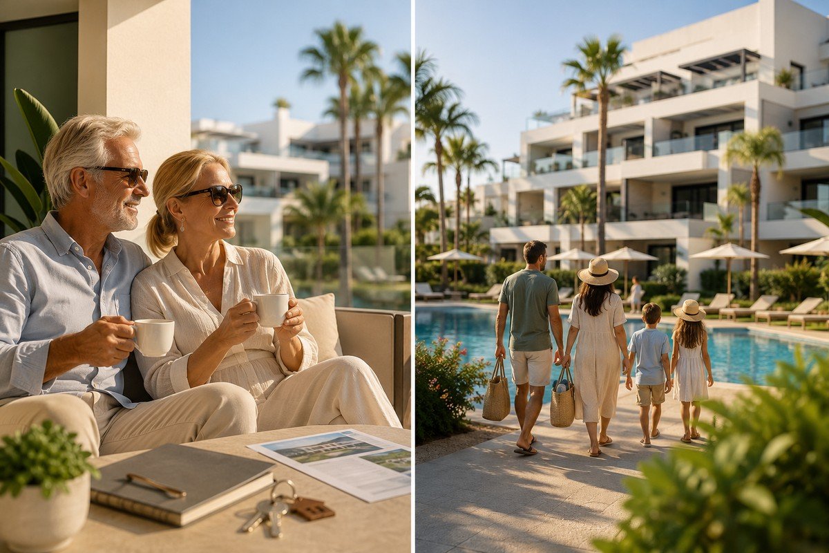 Links: eigenaren genieten van hun vakantiewoning in Spanje. Rechts: huurders arriveren bij het zwembad van een toeristisch verhuurcomplex aan de Costa Blanca