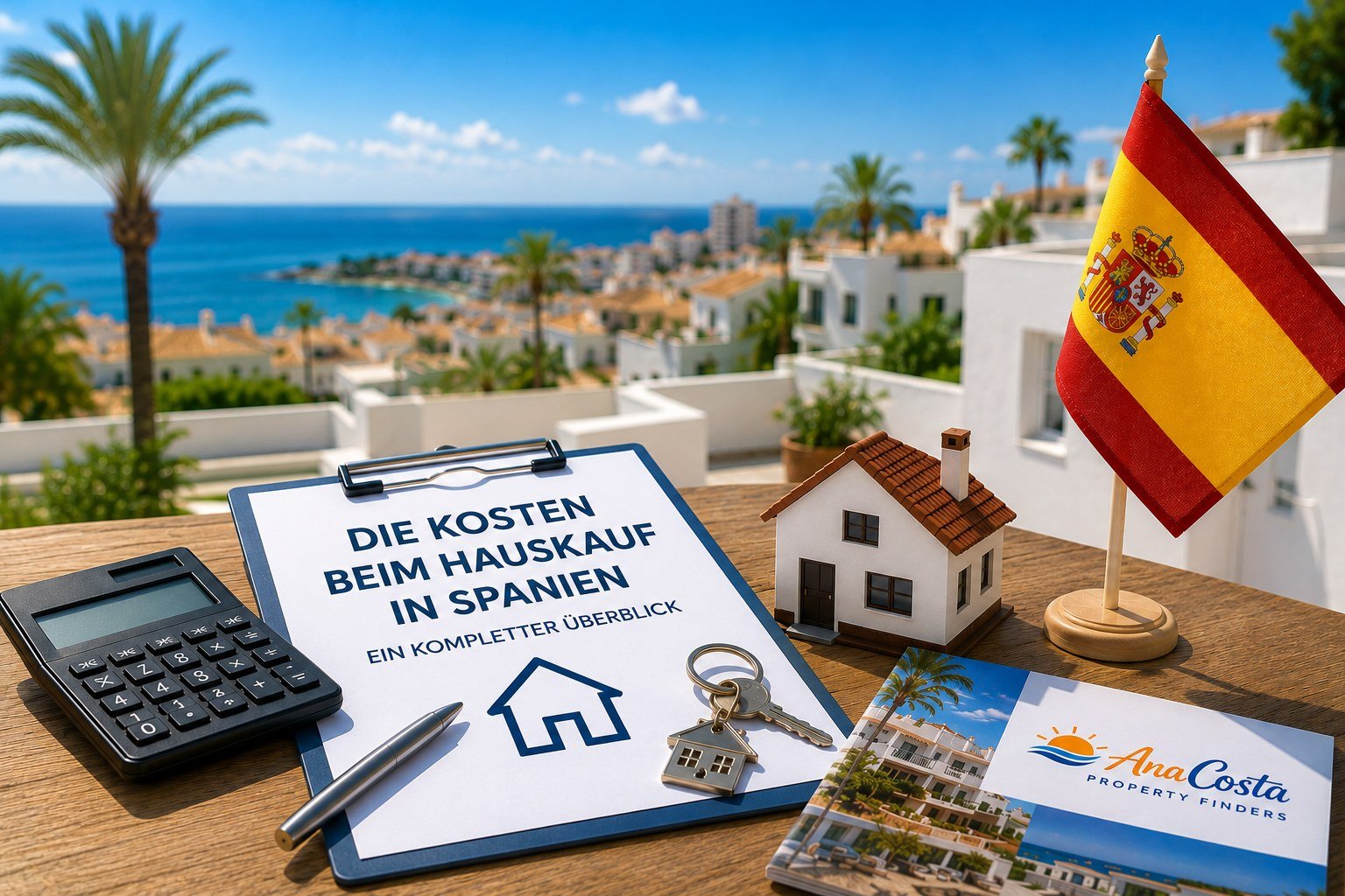 Klemmbrett mit der Aufschrift Die Kosten beim Hauskauf in Spanien, daneben Taschenrechner, Schl&uuml;ssel und spanische Flagge mit Blick auf die K&uuml;ste