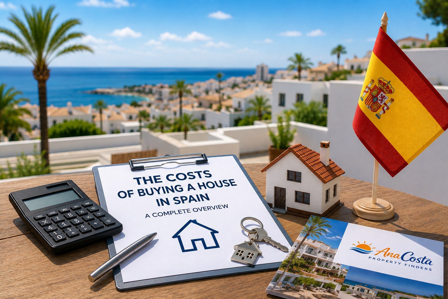 Clipboard reading the costs of buying a house in Spain, with a calculator, keys and a Spanish flag on a table overlooking the coast