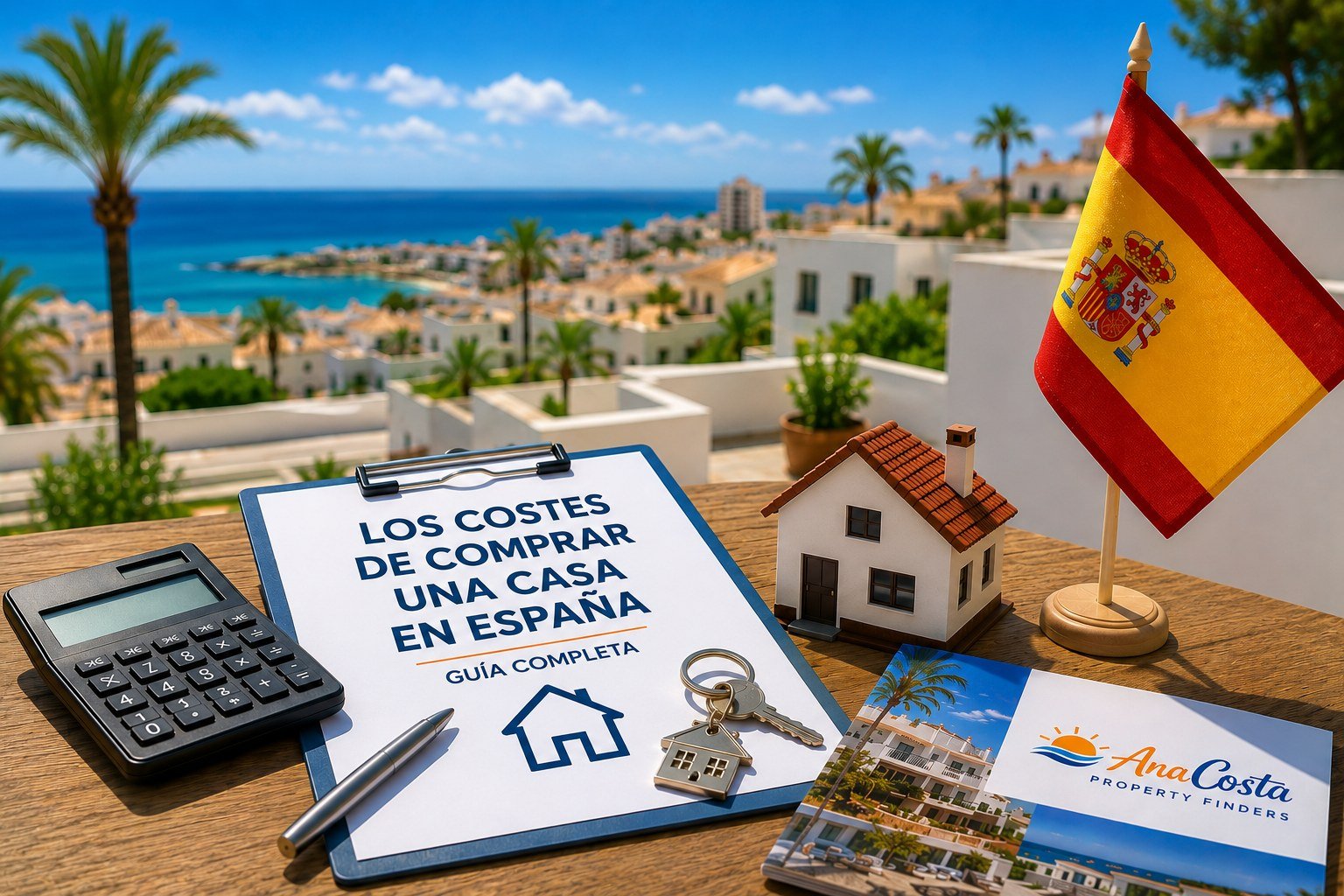 Portapapeles con el texto los costes de comprar una casa en Espa&ntilde;a, junto a una calculadora, llaves y una bandera espa&ntilde;ola con vistas a la costa