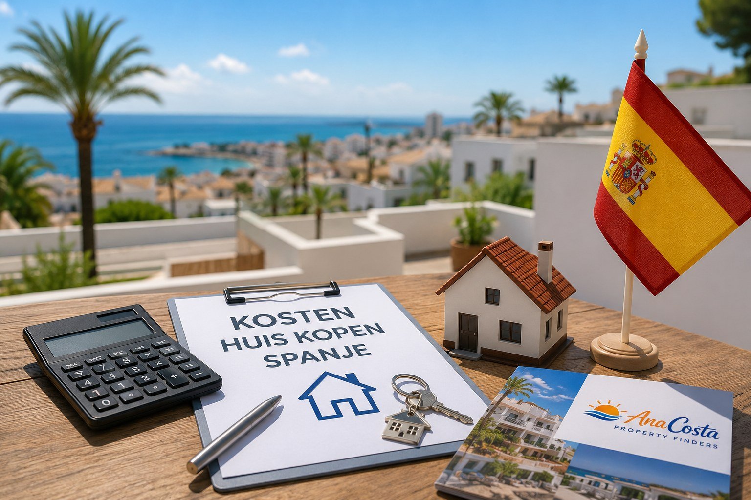 Klembord met de tekst kosten huis kopen Spanje, rekenmachine, sleutels en Spaanse vlag op een tafel met uitzicht over de kust