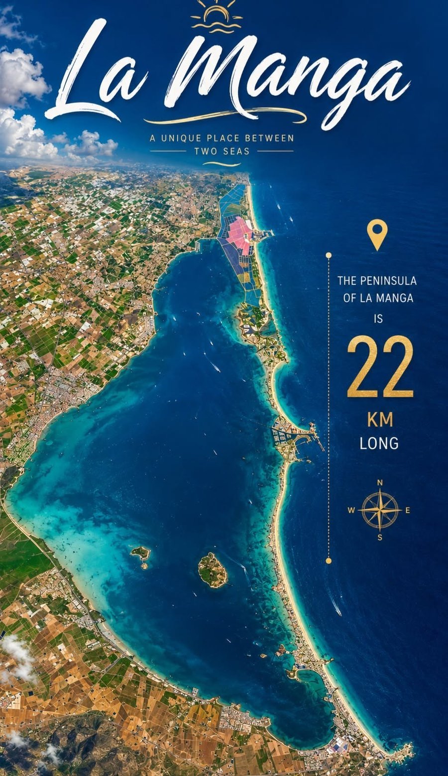 Luftaufnahme von La Manga bei Playa Príncipe mit Lagunen und Golfplatz
