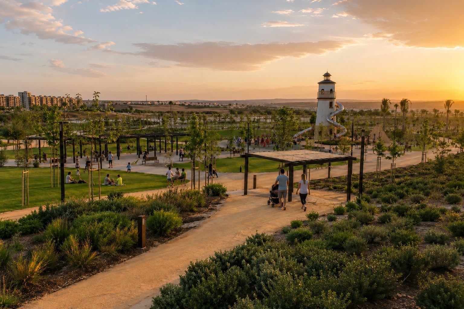 Darstellung des neuen Stadtparks Alto de la Casilla in Torrevieja bei Sonnenuntergang, mit Spielturm und Spazierwegen