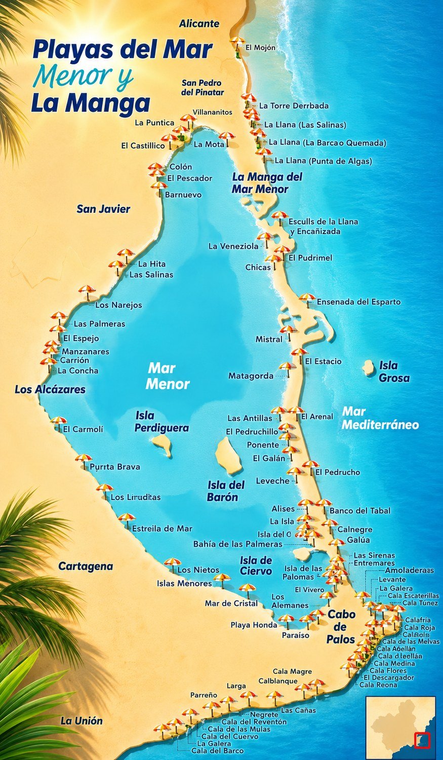 Mapa de las playas del Mar Menor y La Manga, Costa Cálida, Región de Murcia