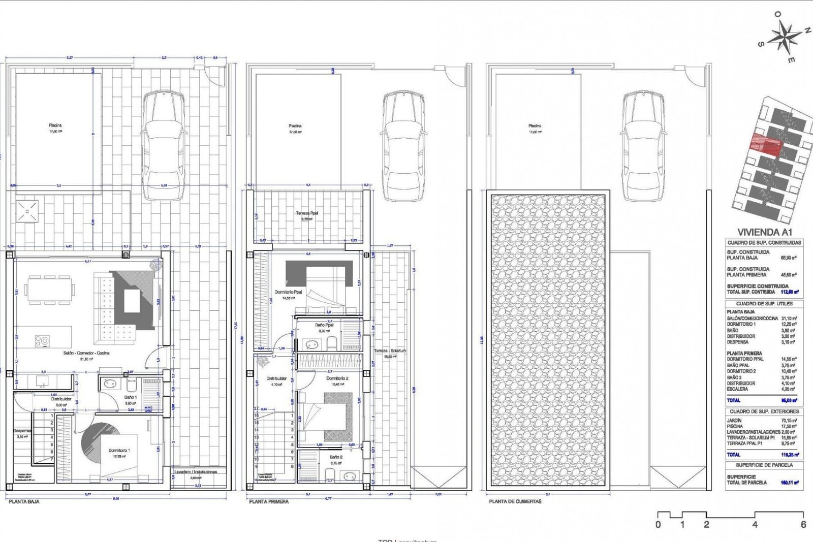 Woningplattegrond type A1 - begane grond, eerste verdieping en solarium