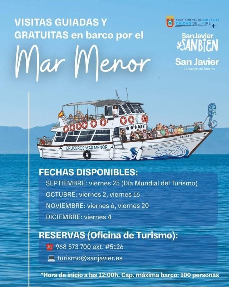 Poster van de gratis rondvaarten over de Mar Menor, aangeboden door de gemeente San Javier