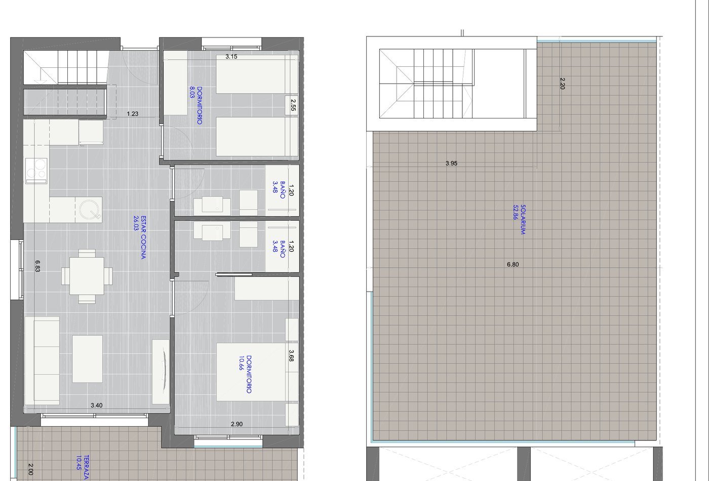 Plattegrond voorbeeldwoning Thiar Village VI: woonkamer met open keuken, twee slaapkamers, twee badkamers en solarium
