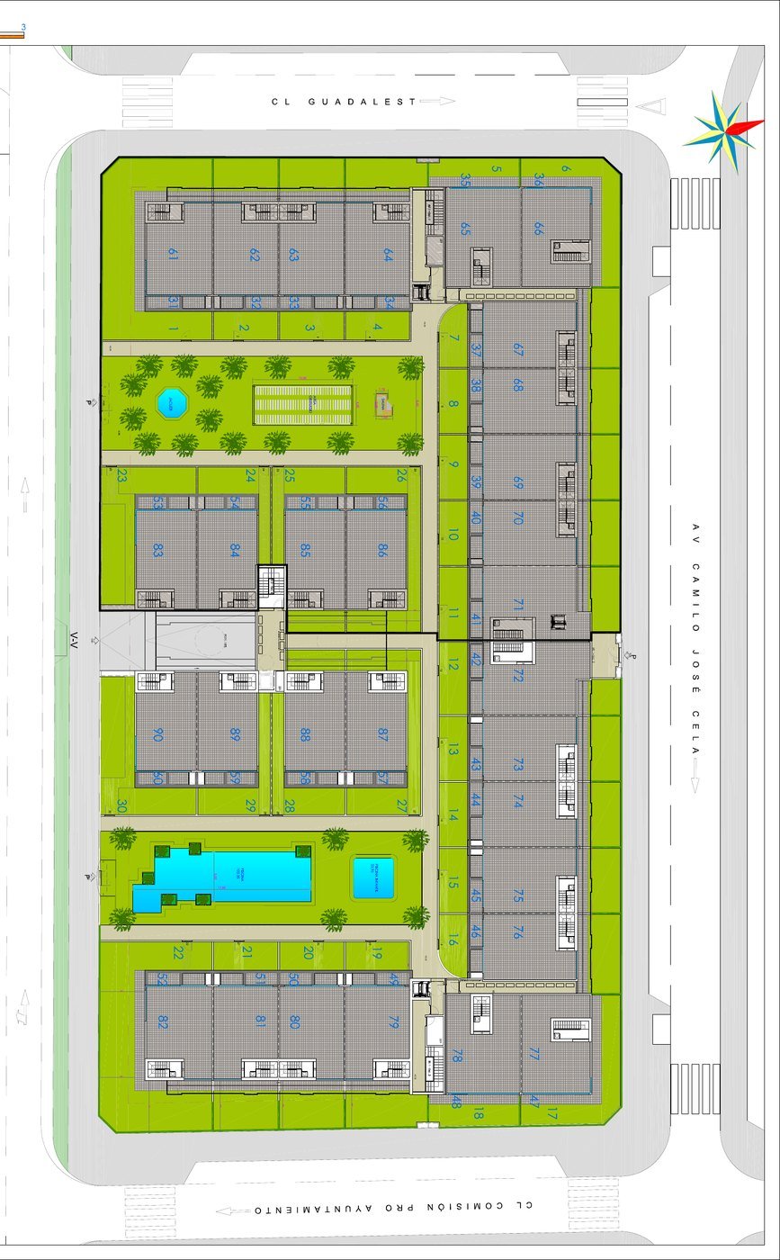 Situatieplan Thiar Village VI Pilar de la Horadada met woningnummers, twee zwembaden en groenzones