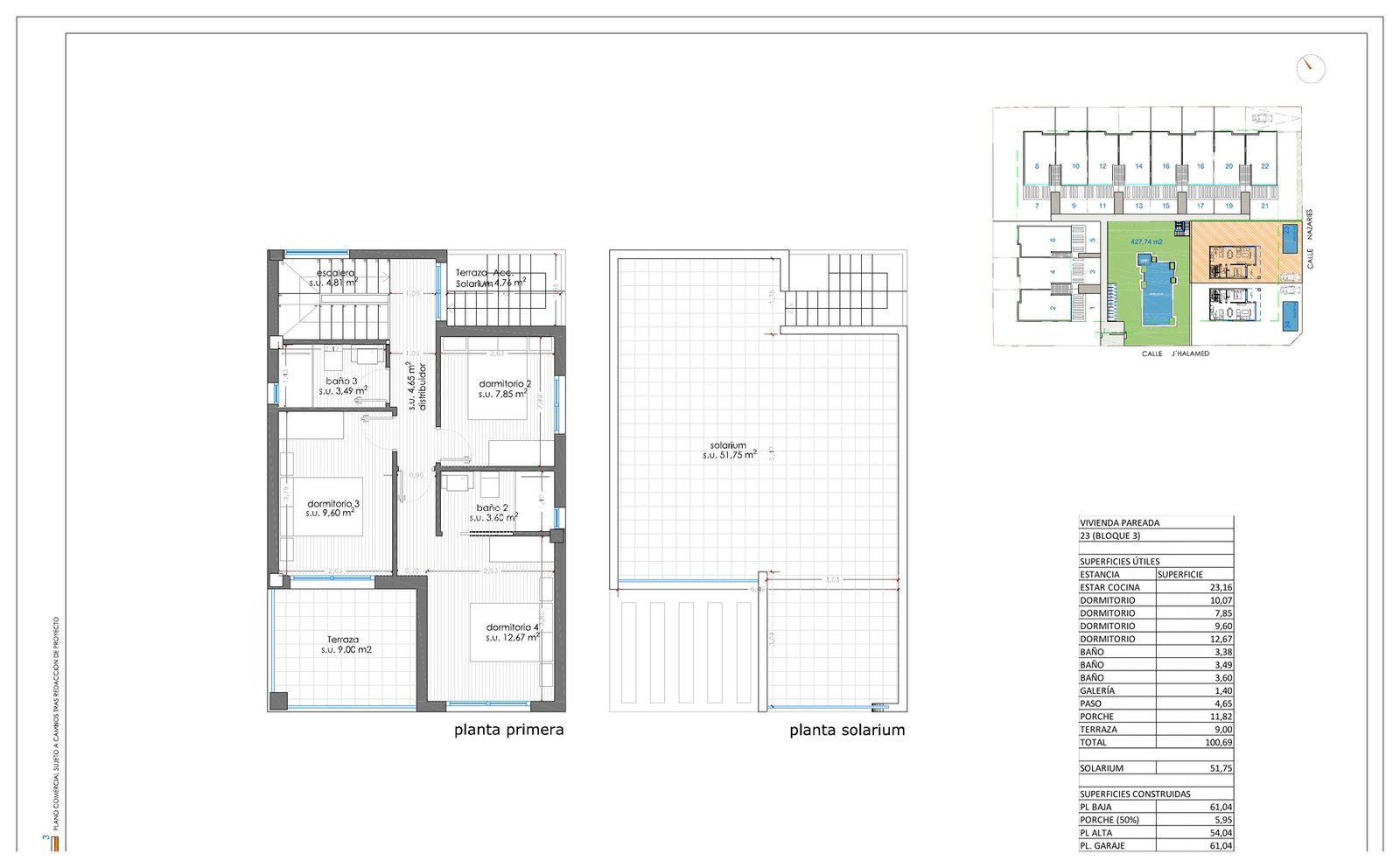 Plattegrond eerste verdieping met drie slaapkamers en solarium - Beach Villa Punta Prima