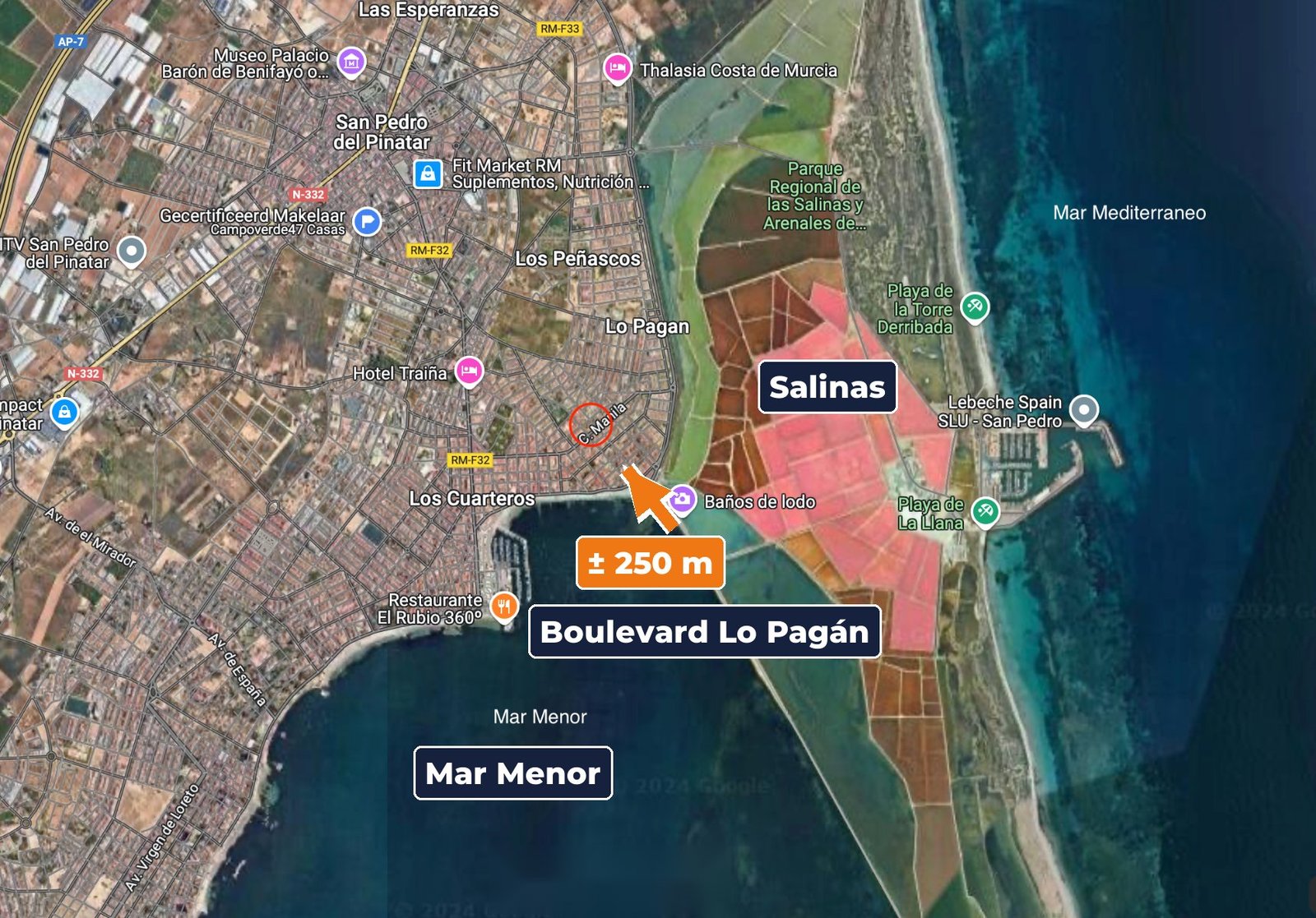 Kaart van Lo Pagán met de ligging van de villa, de boulevard aan de Mar Menor en het natuurpark Las Salinas