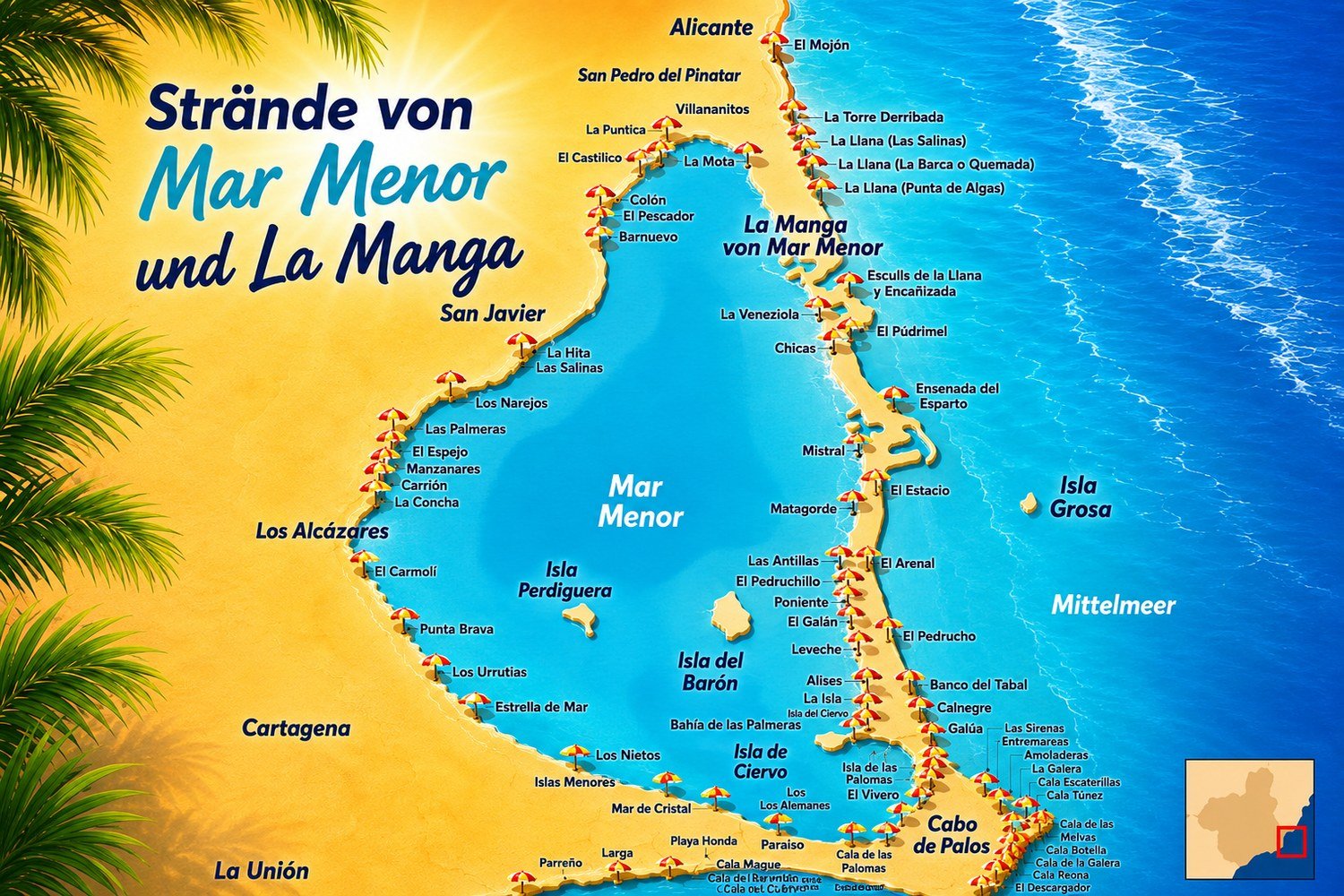 Karte der Strände von Mar Menor und La Manga, Costa Cálida, Region Murcia