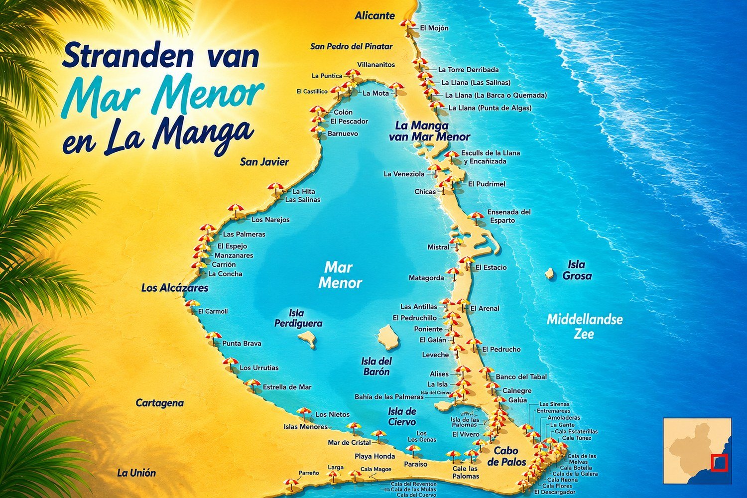 Kaart van de stranden van de Mar Menor en La Manga, Costa Cálida, regio Murcia