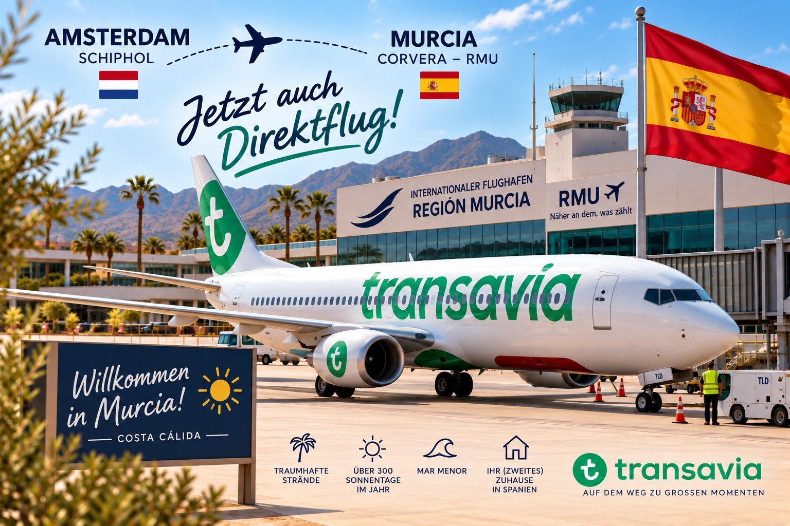 Transavia-Maschine am Flughafen Regi&oacute;n de Murcia bei Corvera (RMU)