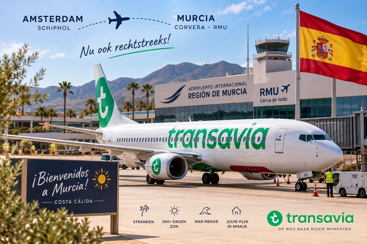 Transavia-toestel op de luchthaven Regi&oacute;n de Murcia bij Corvera (RMU)